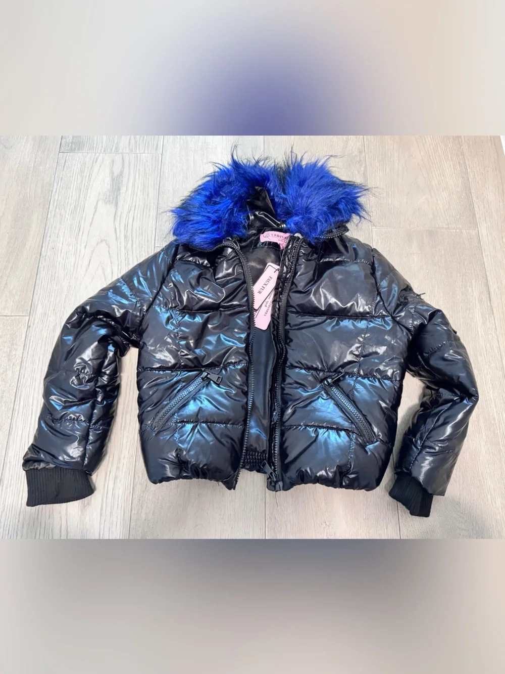 Urban Republic Black Puffer Jacket with Blue Faux Fur Hood